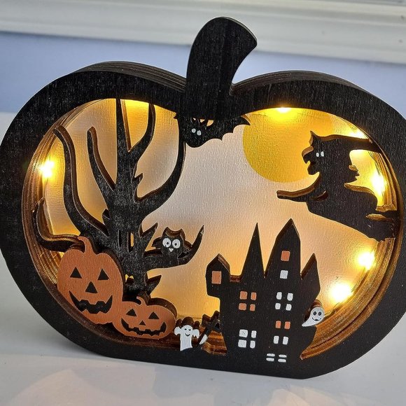 Halloween Wooden Table Sign Light Pumpkin Decoration Supply - Picture 11 of 11